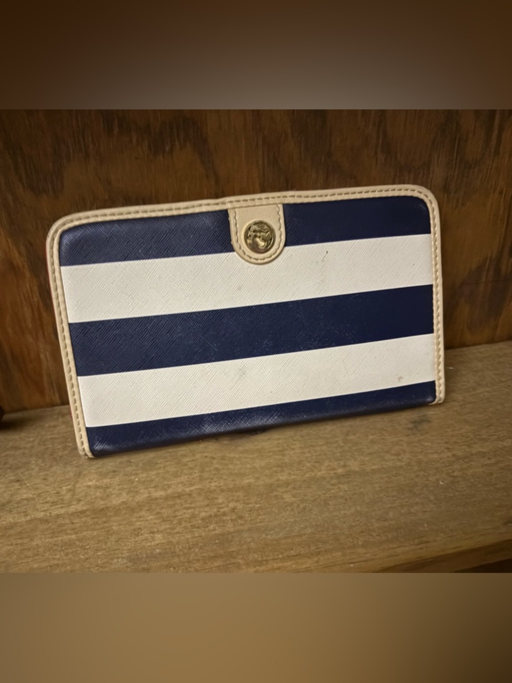 Striped Navy and White Wallet with Gold Accent